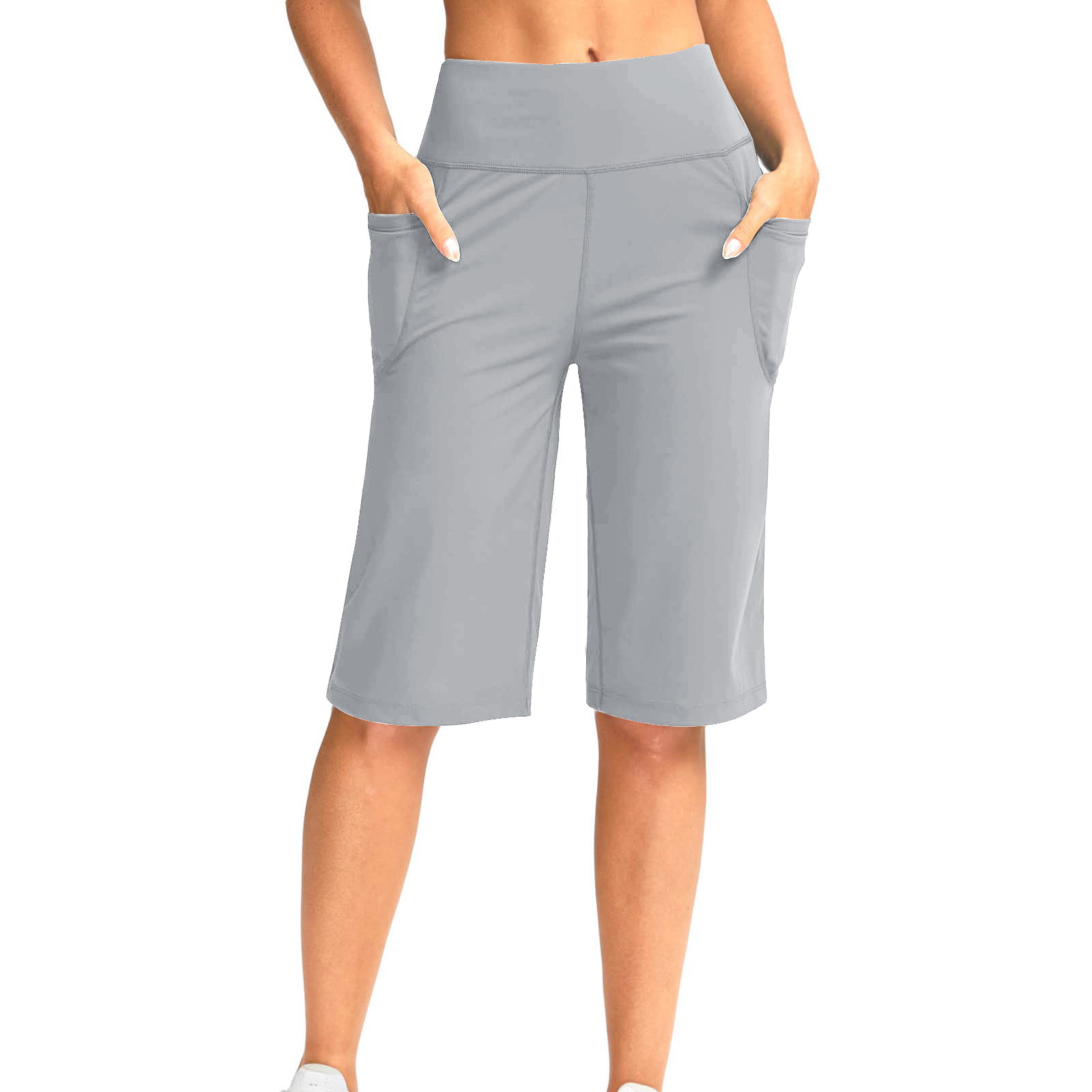 Women's Bermuda Shorts Long Athletic Workout Knee Length High Waisted Yoga Running Shorts with Pockets Light Gray 2XL